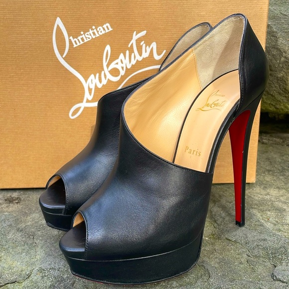 CHRISTIAN LOUBOUTIN VERITA BLACK LEATHER 6” STILLETTO HEEL PEEP TOE PUMPS🔥👠-9 - Picture 2 of 15